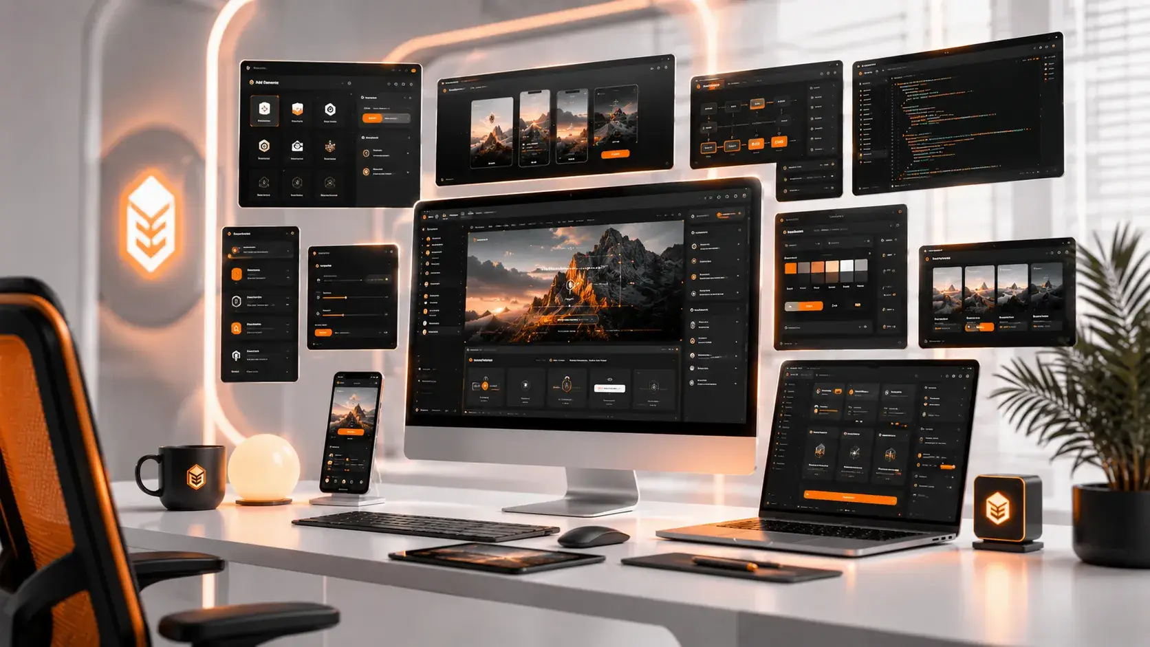 Custom web application development workspace with futuristic SaaS dashboard interfaces and coding environment