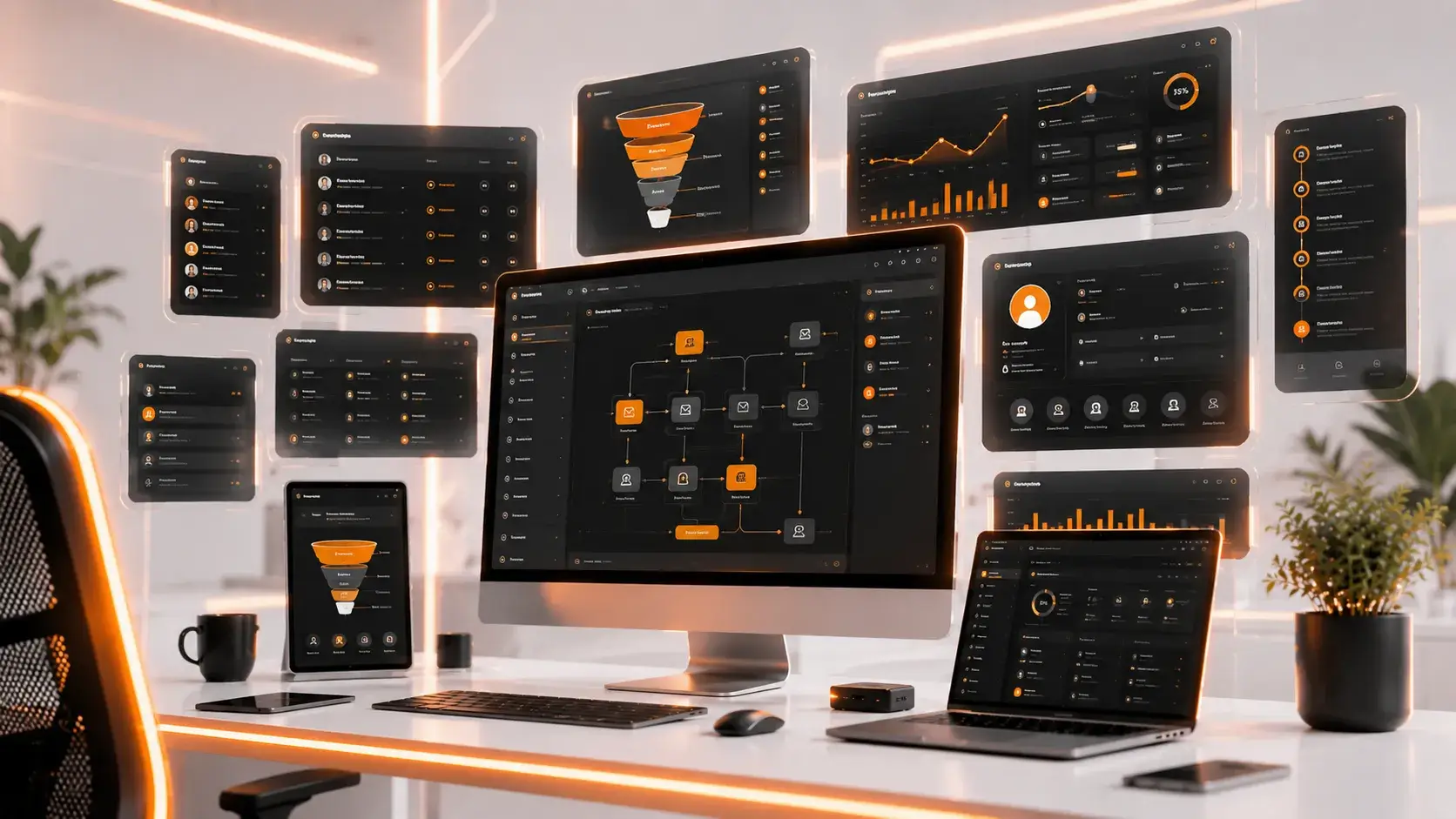 GoHighLevel CRM and marketing automation dashboard with sales funnel and workflow management interfaces