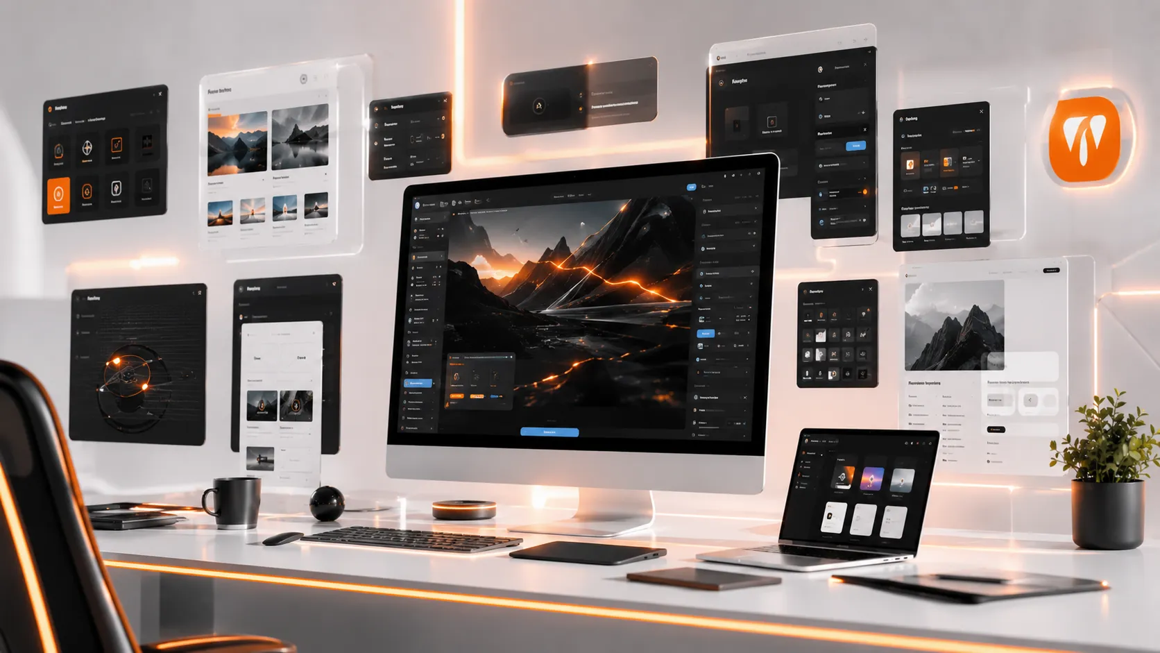 Modern no-code website development environment with drag and drop website builder interfaces and responsive layouts