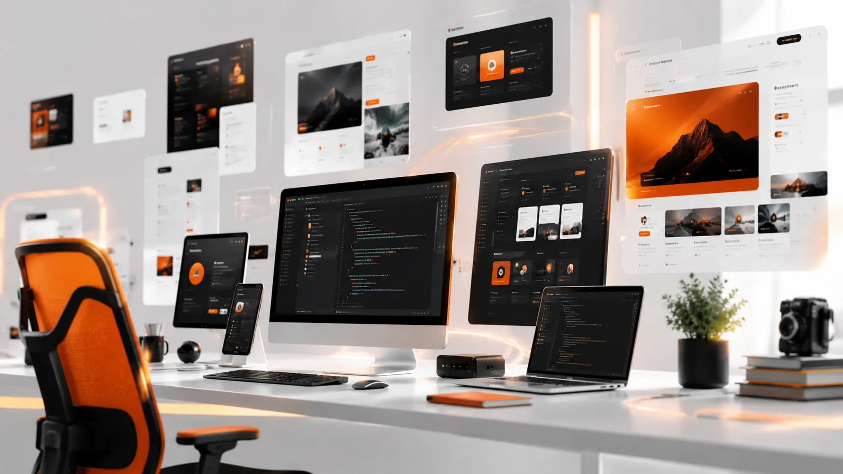 Modern web development workspace with responsive website interfaces, coding screens, and futuristic UI dashboards