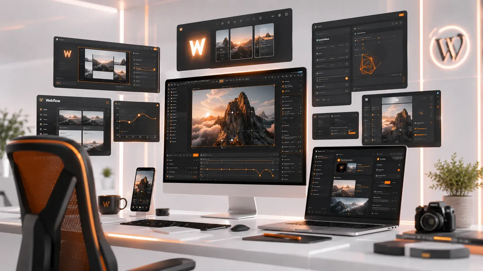 Futuristic Webflow website development workspace with responsive web design dashboards and modern UI interfaces