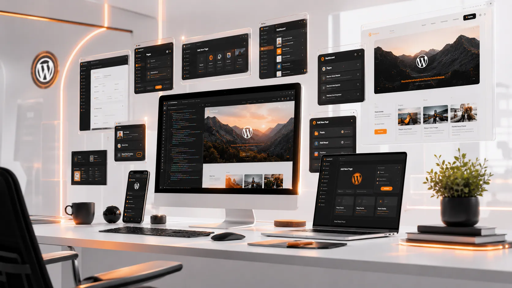 Futuristic WordPress development environment with CMS dashboards, responsive website layouts, and modern web design interfaces